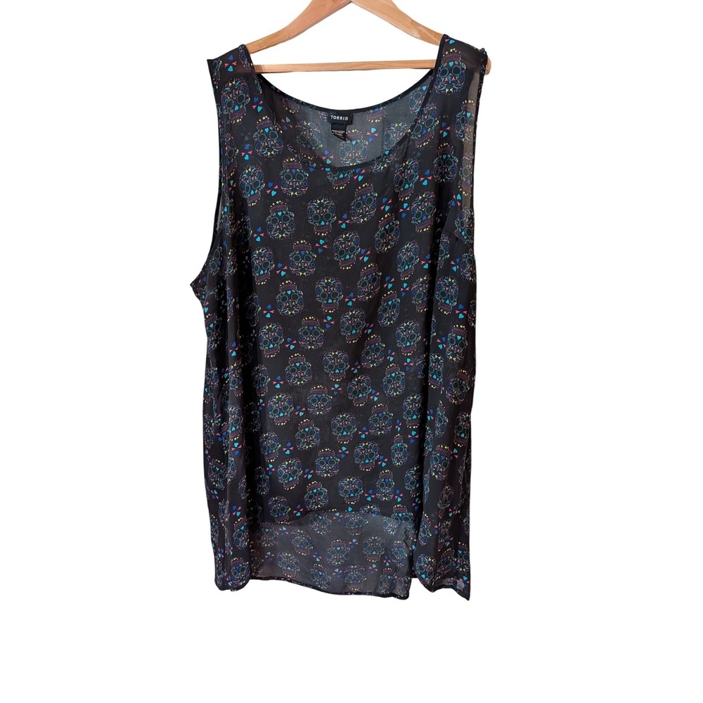 Torrid Womens 4 Sugar Skull Chiffon High Low Sleeveless Blouse Black Multi Color